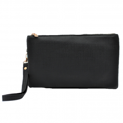 10015- BLACK PU LEATHER TRI POCKET CLUTCH / CROSS BODY BAG
